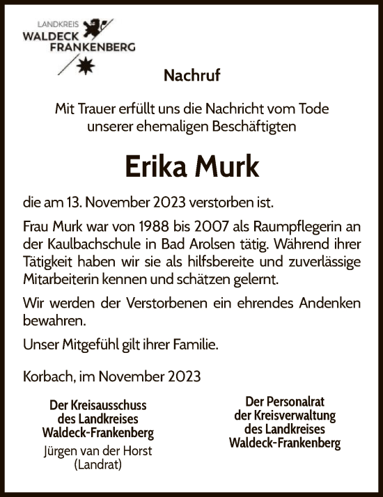 Traueranzeige von Erika Murk von WLZ