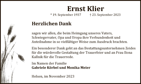 Traueranzeige von Ernst Klier von WLZ