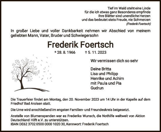 Traueranzeige von Frederik Foertsch von WLZ