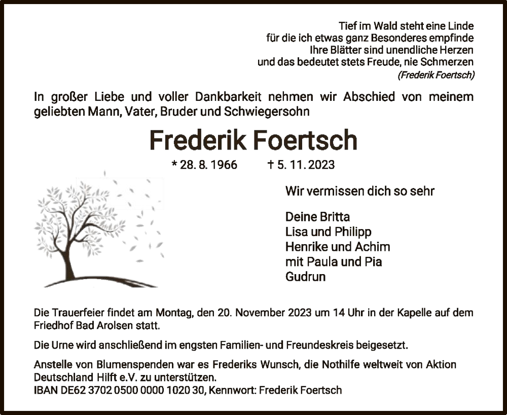  Traueranzeige für Frederik Foertsch vom 11.11.2023 aus WLZ