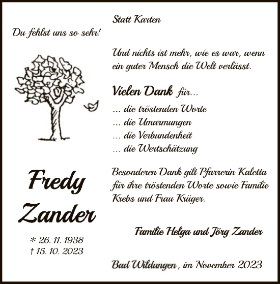 Traueranzeige von Fredy Zander von WLZ