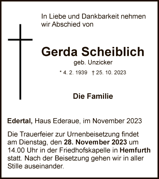 Traueranzeige von Gerda Scheiblich von WLZ