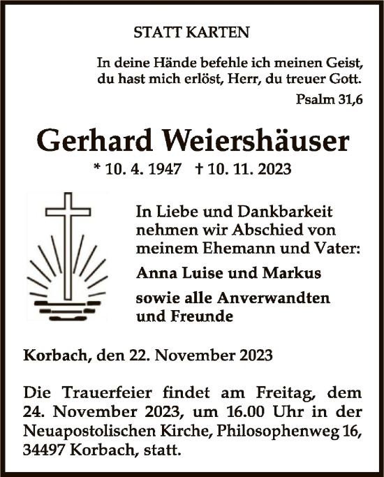 Traueranzeige von Gerhard Weiershäuser von WLZ