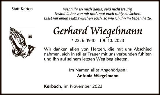 Traueranzeige von Gerhard Wiegelmann von WLZ