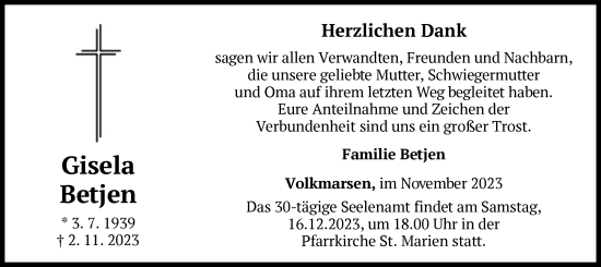 Traueranzeige von Gisela Betjen von WLZ