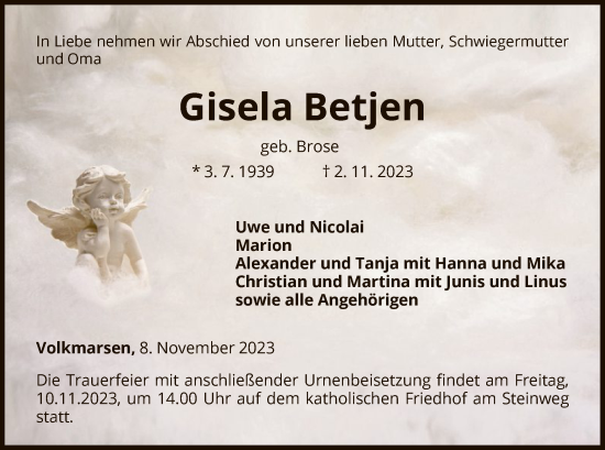 Traueranzeige von Gisela Betjen von WLZ
