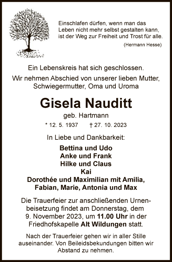 Traueranzeige von Gisela Nauditt von WLZ