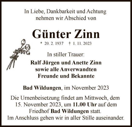 Traueranzeige von Günter Zinn von WLZ