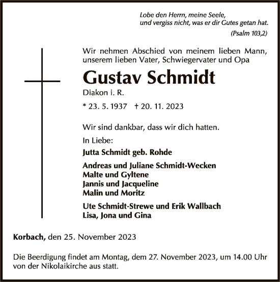 Traueranzeige von Gustav Schmidt von WLZ