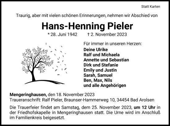 Traueranzeige von Hans-Henning Pieler von WLZ