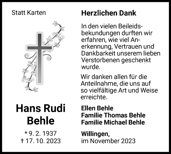 Traueranzeige von Hans Rudi Behle von WLZ