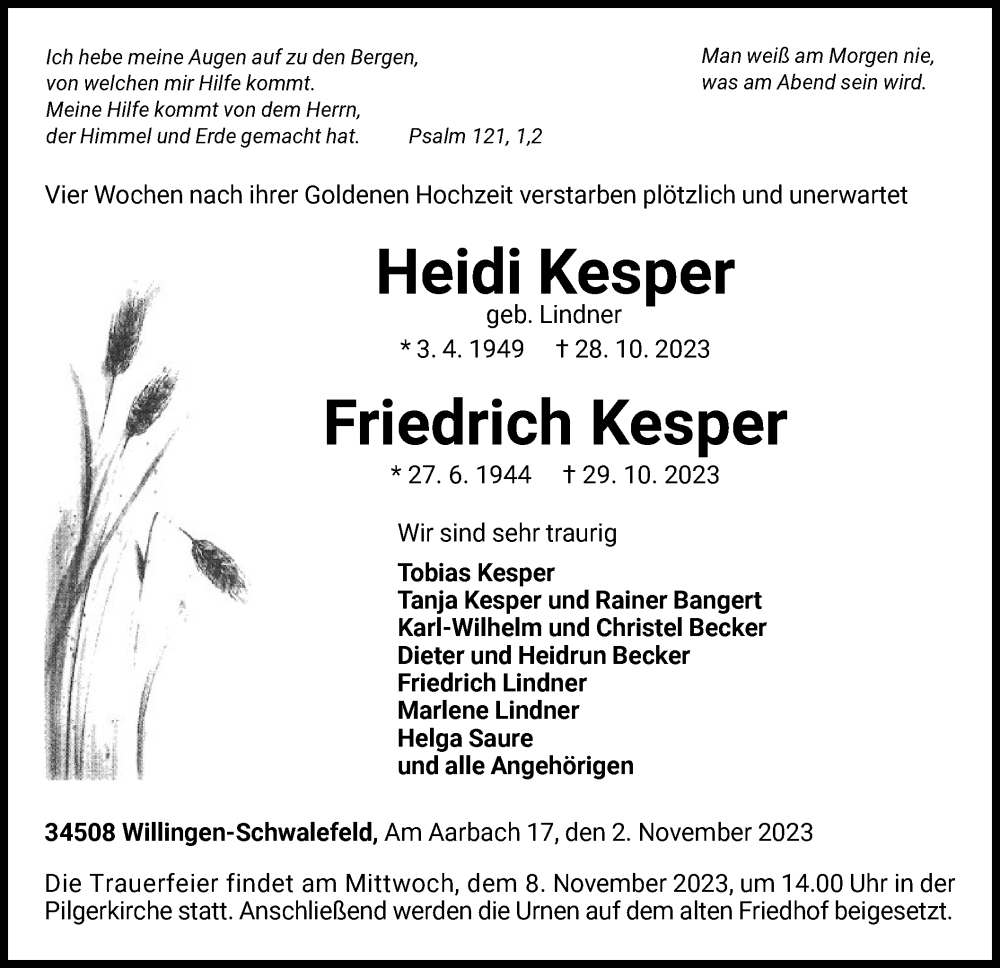  Traueranzeige für Heidi und Friedrich Kesper vom 02.11.2023 aus WLZ