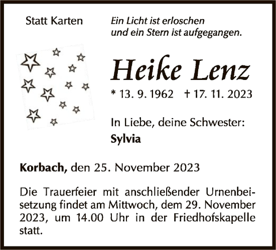 Traueranzeige von Heike Lenz von WLZ