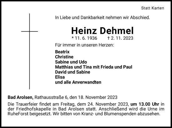 Traueranzeige von Heinz Dehmel von WLZ