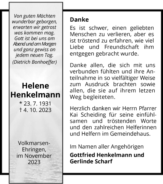 Traueranzeige von Helene Henbkelmann von WLZHNA