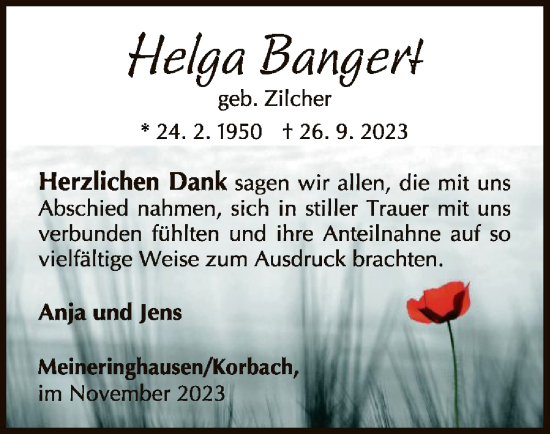 Traueranzeige von Helga Bangert von WLZ