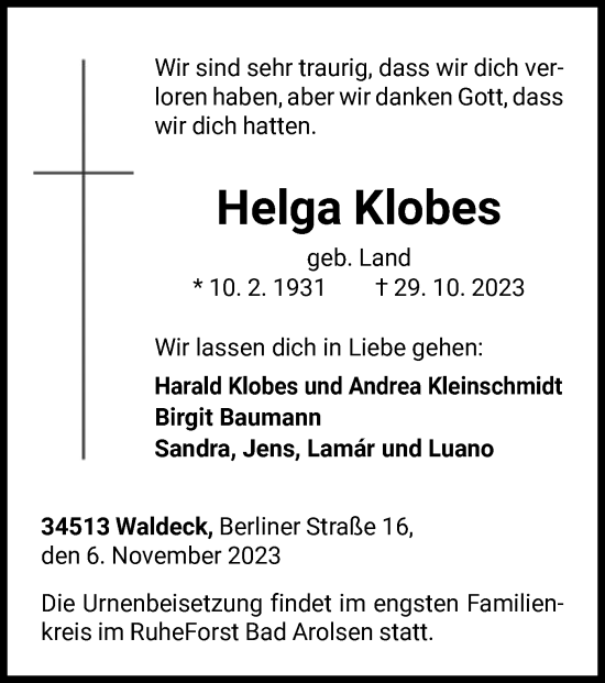 Traueranzeige von Helga Klobes von WLZ