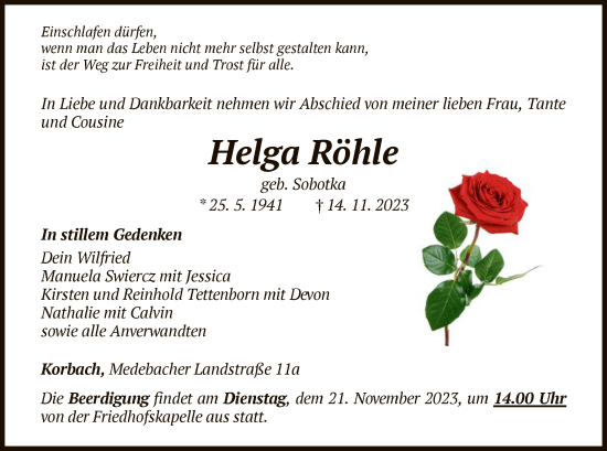 Traueranzeige von Helga Röhle von WLZ