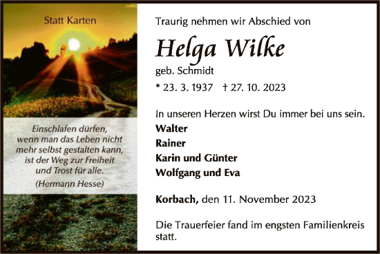 Traueranzeige von Helga Wilke von WLZ