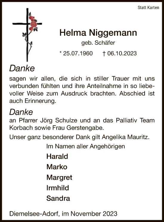 Traueranzeige von Helma Niggemann von WLZ