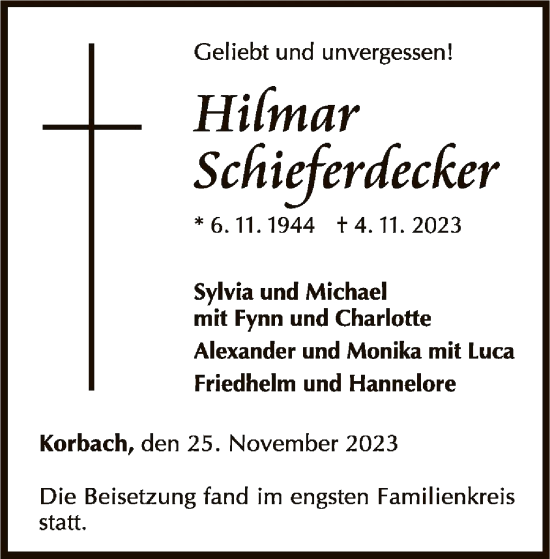 Traueranzeige von Hilmar Schiefdecker von WLZ