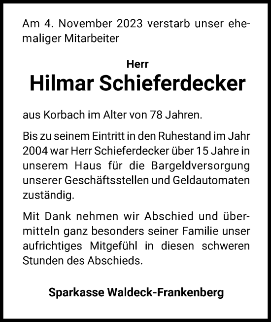 Traueranzeige von Hilmar Schieferdecker von WLZ