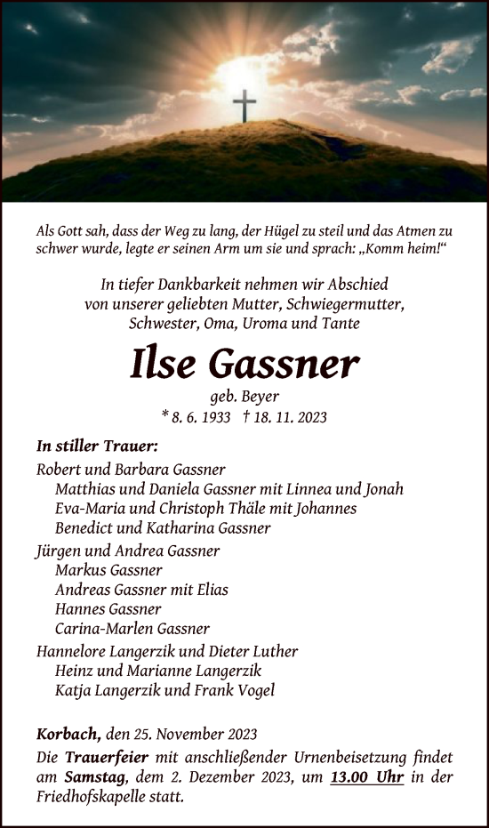 Traueranzeige von Ilse Gassner von WLZ