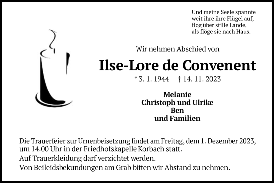 Traueranzeige von Ilse-Lore de Convenent von WLZ