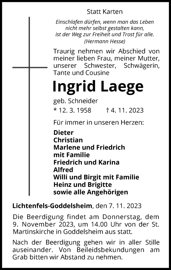 Traueranzeige von Ingrid Laege von WLZ