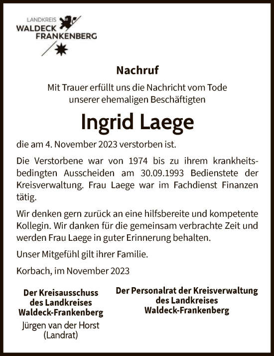 Traueranzeige von Ingrid Laege von WLZ