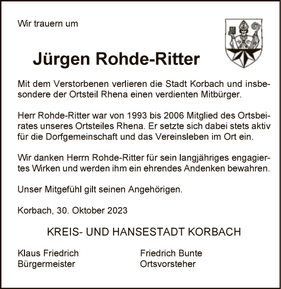 Traueranzeige von Jürgen Rohde-Ritter von WLZ