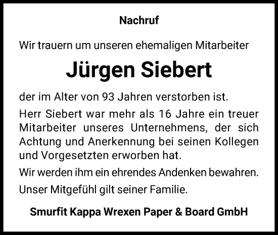 Traueranzeige von Jürgen Siebert von WLZ