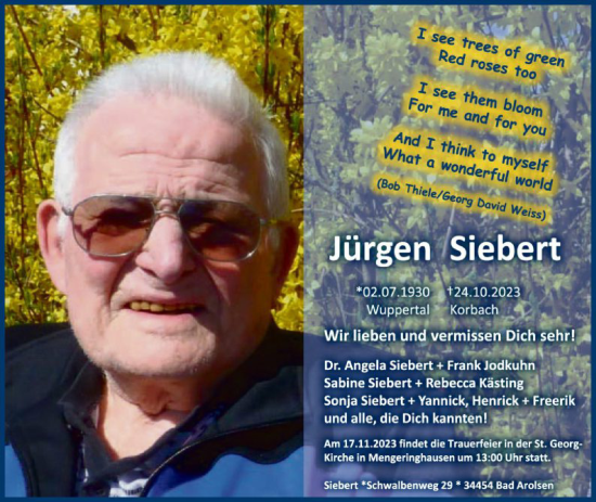 Traueranzeige von Jürgen Siebert von WLZ