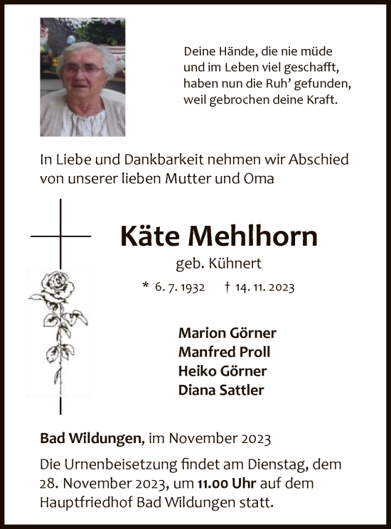 Traueranzeige von Käte Mehlhorn von WLZ