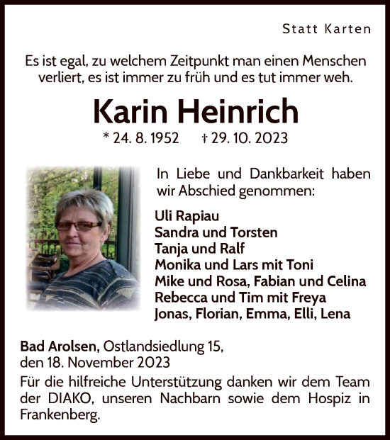 Traueranzeige von Karin Heinrich von WLZ