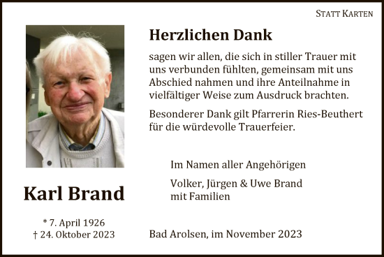 Traueranzeige von Karl Brand von WLZ
