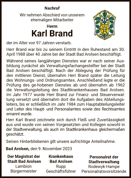 Traueranzeige von Karl Brand von WLZ