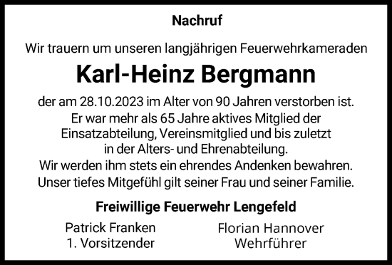 Traueranzeige von Karl-Heinz Bergmann von WLZ