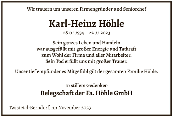 Traueranzeige von Karl-Heinz Höhle von WLZ