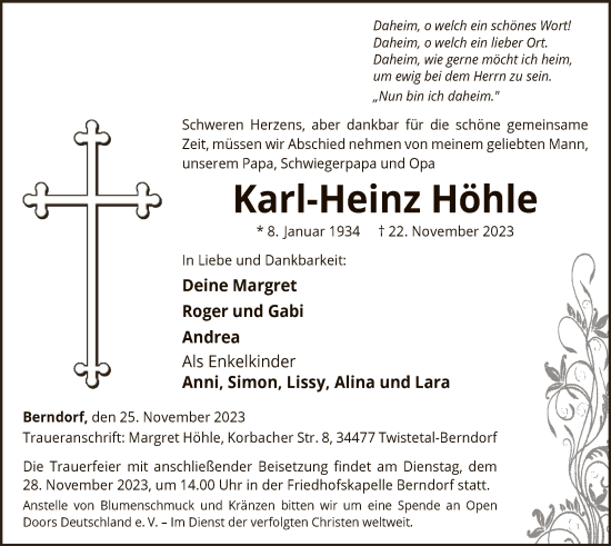 Traueranzeige von Karl-Heinz Höhle von WLZ