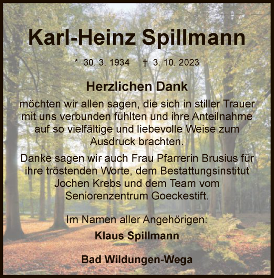 Traueranzeige von Karl-Heinz Spillmann von WLZ