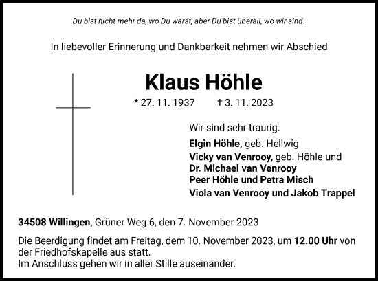 Traueranzeige von Klaus Höhle von WLZ