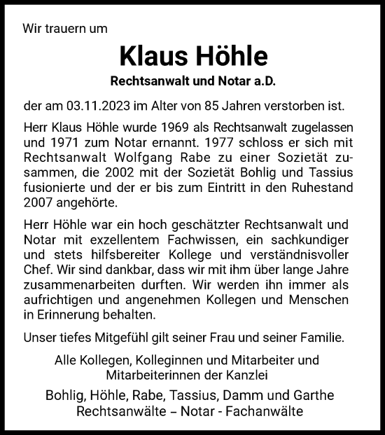 Traueranzeige von Klaus Höhle von WLZ