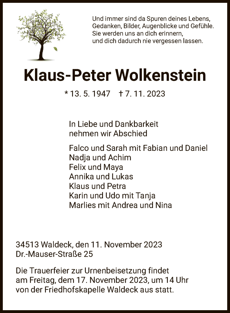  Traueranzeige für Klaus-Peter Wolkenstein vom 11.11.2023 aus WLZ