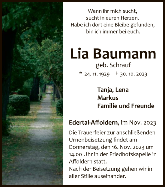 Traueranzeige von Lia Baumann von WLZ