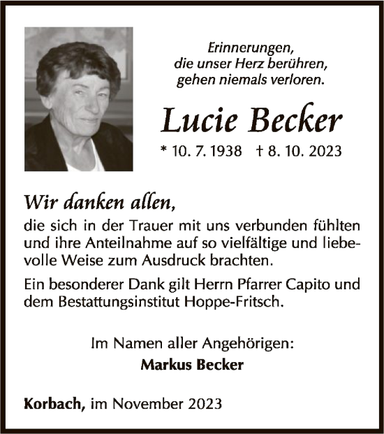 Traueranzeige von Lucie Becker von WLZ