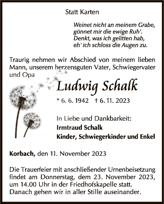 Traueranzeige von Ludwig Schalk von WLZ