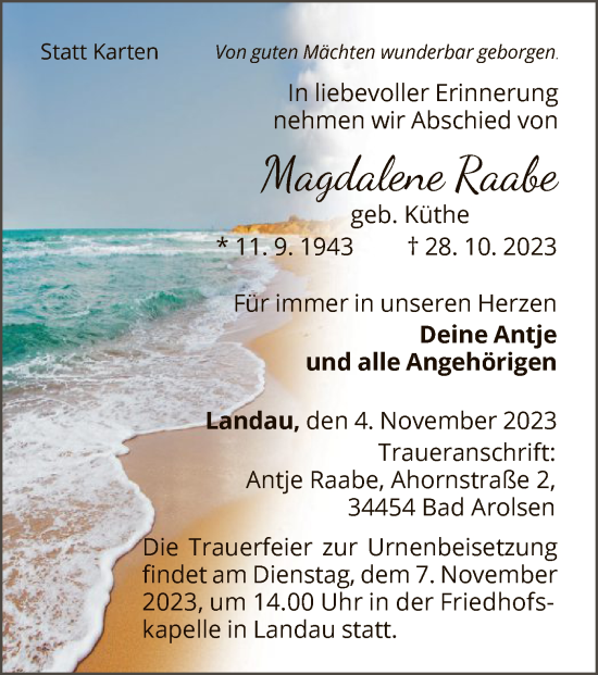 Traueranzeige von Magdalene Raabe von WLZ