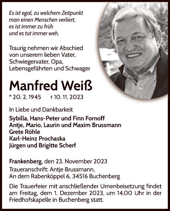 Traueranzeige von Manfred Weiß von WLZ