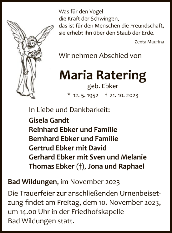 Traueranzeige von Maria Ratering von WLZ
